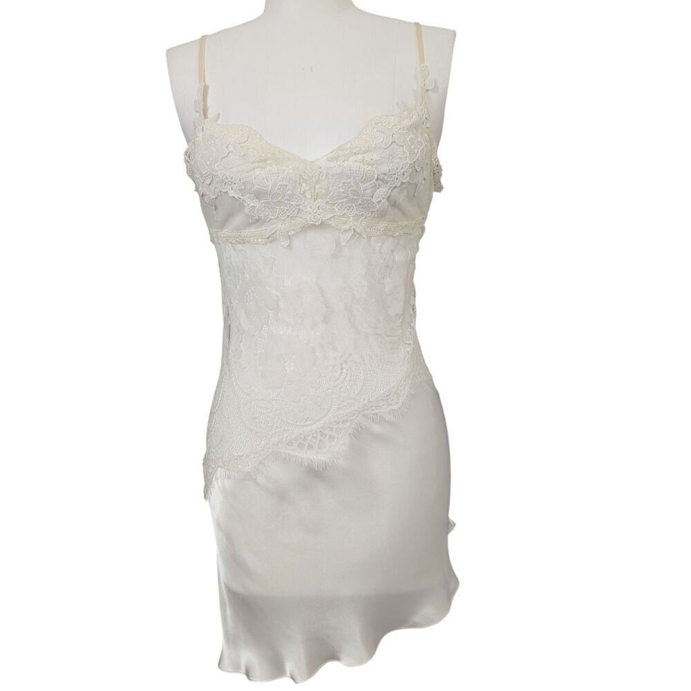 Vintage Jonquil by Diane Samandi Asymmetric Satin and Lace Chemise Slip Dress